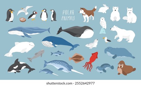 Colección de animales polares, aves lindas, peces y mamíferos marinos. Conjunto de animales salvajes árticos. Ilustración vectorial.