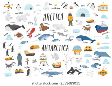 Polar animals collection, cute birds, fish and marine mammals. Arctic wild animals and polar stations set. Vector illustration.