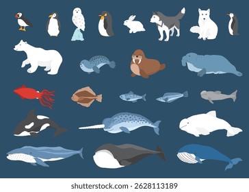 Coleção de animais polares, pássaros bonitos, peixes e mamíferos marinhos. Animais selvagens do Ártico. Ilustração vetorial.