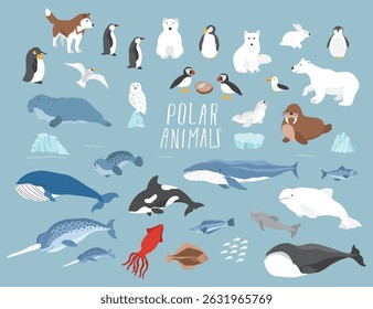 Coleção de animais polares, pássaros bonitos, peixes e mamíferos marinhos. Animais selvagens do Ártico. Ilustração vetorial.