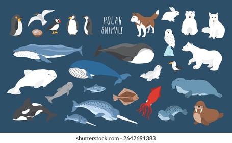 Polar animals collection, cute birds, fish and marine mammals. Arctic wild animals set. Vector illustration.