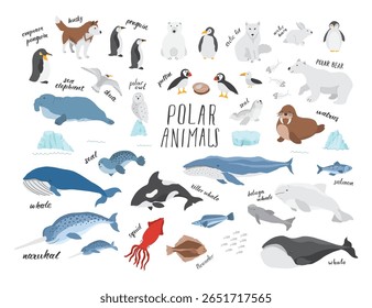 Polar animals collection, cute birds, fish and marine mammals. Arctic wild animals set. Vector illustration.