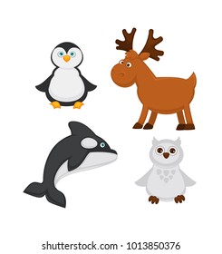 Polar animals and fish cartoon vector icons of penguin, reindeer, whale and owl