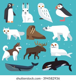 Polar animals icons. Polar birds and arctic northern animals vector set in flat style