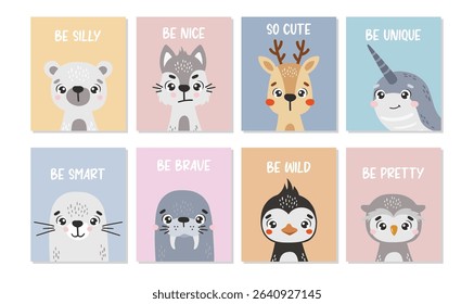 Polar animals isolated, cute animals, kids posters, cartoon, cards for kids