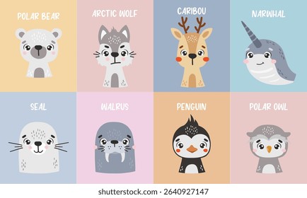 Polar animals isolated, cute animals, kids posters, cartoon, cards for kids