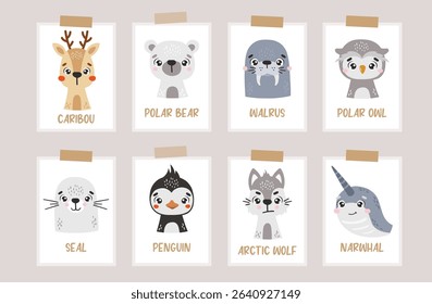 Polar animals isolated, cute animals, kids posters, cartoon, cards for kids