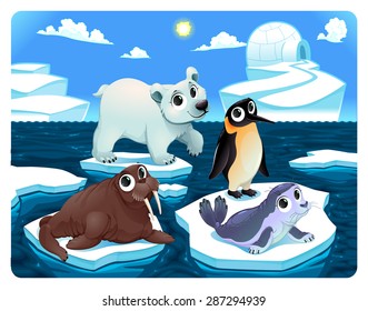 Polar animals on the ice. Vector and cartoon illustration