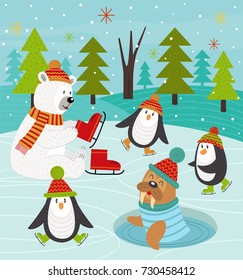 polar animals on rink - vector illustration, eps
