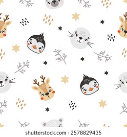 Polar animals pattern, cute arctic animals, kids pattern, polar vector, cartoon, seamless pattern