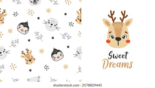 Polar animals pattern, cute arctic animals, kids pattern, polar vector, cartoon, seamless pattern