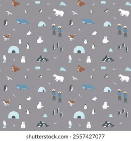 Polar animals seamless pattern. Cute Cartoon arctic animals background. Vector Illustration.