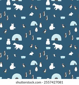 Polar animals seamless pattern. Cute Cartoon arctic animals background. Vector Illustration