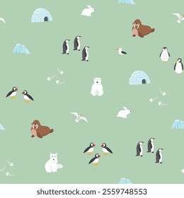 Polar animals seamless pattern. Cute Cartoon arctic animals background. Vector Illustration