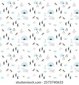 Polar animals seamless pattern. Cute Cartoon arctic animals background. Vector Illustration