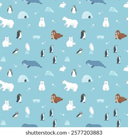 Polar animals seamless pattern. Cute Cartoon arctic animals background. Vector Illustration.