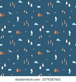 Polar animals seamless pattern. Cute Cartoon arctic animals background. Vector Illustration