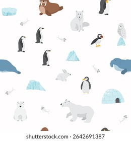 Polar animals seamless pattern. Cute Cartoon arctic animals background. Vector Illustration.