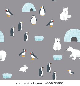 Polar animals seamless pattern. Cute Cartoon arctic animals background. Vector Illustration