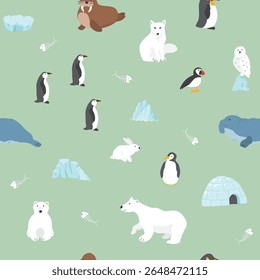 Padrão sem emenda de animais polares. Fundo bonito dos animais árticos dos desenhos animados. Ilustração de vetor.