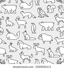 Polar animals seamless pattern doodle hand drawn line icons set background simple modern symbol wallpaper backdrop minimalist illustration