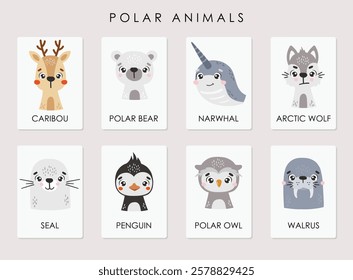 Polar animals set isolated, cards, cute arctic animals, kids vector cartoon