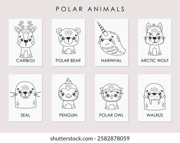 Polar animals set isolated, cards, cute arctic animals, kids vector cartoon