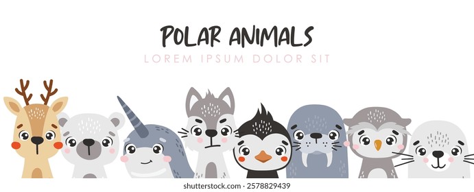 Polar animals set isolated, cute arctic animals, kids vector cartoon