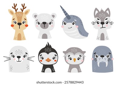 Polar animals set isolated, cute arctic animals, kids vector cartoon