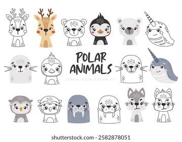 Polar animals set isolated, cute arctic animals, kids vector cartoon