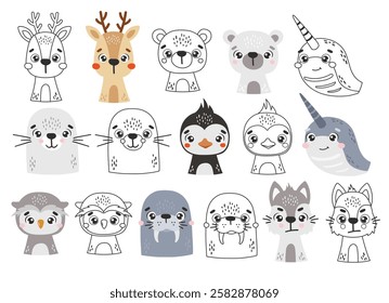 Polar animals set isolated, cute arctic animals, kids vector cartoon