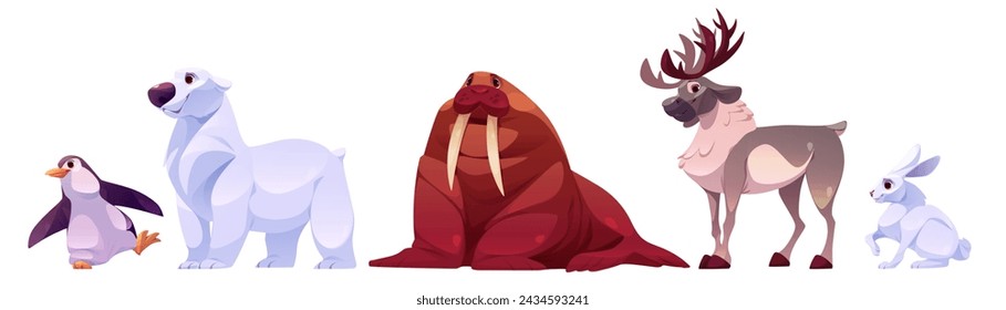 Polar animals set isolated on white background. Vector cartoon illustration of penguin, arctic bear, walrus, reindeer, hare, collection of wildlife characters for zoo design, wild nature inhabitants