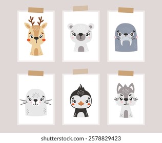 Polar animals set isolated, posters, cute arctic animals, kids vector cartoon