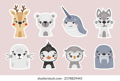 Polar animals set isolated, Stickers, cute arctic animals, kids vector cartoon