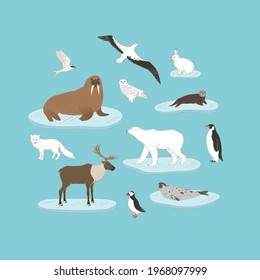 Polar animals vector set on blue background. Arctic animals on ice in circle illustration with polar bear, walrus, reindeer, harp seal, arctic fox and hare, emperor penguin and more