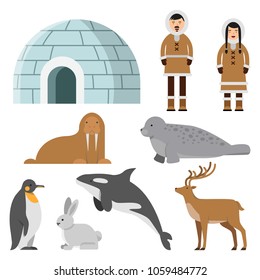 Polar, arctic animals and residents of the north near eskimo ice house. Igloo house, penguin and siberian eskimo, reindeer and walrus, vector illustration