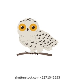 Polar arctic owl with pale-coloured wings sitting on branch. White or snowy owl northern bird, flat cartoon vector illustration isolated on white background.