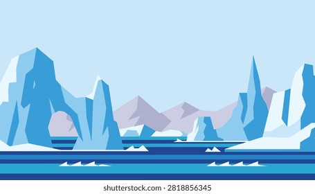 Polar arctic winter landscape with towering blue icebergs floating in freezing ocean water under a clear pale sky.