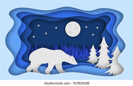 Polar bear, against the backdrop of a forest of Christmas trees. Paper style. Christmas illustration. Eps 10