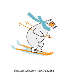 Polar bear alpine skiing through downhill. Extreme outside winter sport concept. Vector cartoon illustration.
