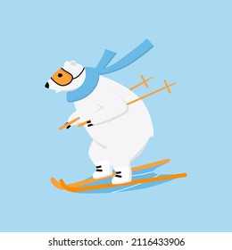 Polar bear alpine skiing through downhill. Extreme outside winter sport concept. Vector cartoon illustration.