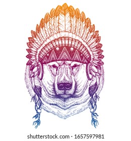 Polar bear. Animal. Vector portrait in traditional indian headdress with feathers. Tribal style illustration for little children clothes. Image for kids tee fashion, posters.