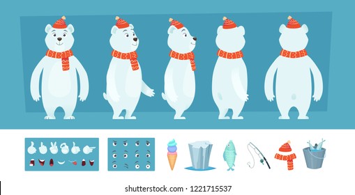 Polar Bear Animation. White Wild Animal Body Parts And Different Faces Vector Character Creation Kit. Illustration Of Bear Animation, Face Look