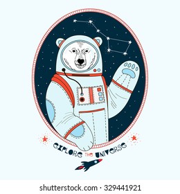 polar bear astronaut in outer space , kid illustration, textile design, art print