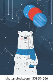 polar bear astronaut in outer space holding planet balloons, kid illustration, textile, design, art print, vector illustration


