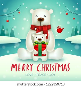 Polar Bear and baby cub in Christmas snow scene. Christmas cute animal cartoon character. 