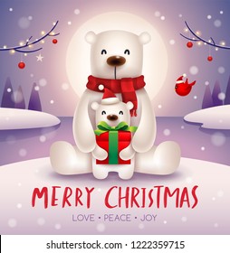 Polar Bear and baby cub under the moonlight in Christmas snow scene. Christmas cute animal cartoon character. 