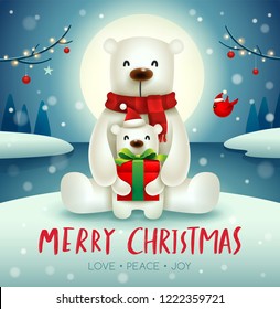 Polar Bear and baby cub under the moonlight in Christmas snow scene. Christmas cute animal cartoon character. 