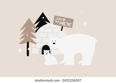 Polar Bear and Baby Near Igloo at Night Vector Illustration