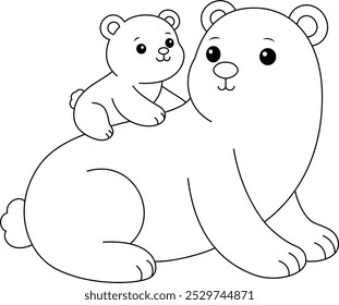 Polar bear and baby outline coloring page. Christmas and Winter Animal Illustration 